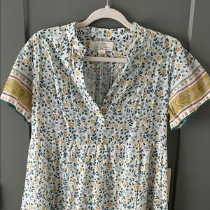 Trovata White Midi Dress with Blue-Green Floral Print and Yellow Size Small